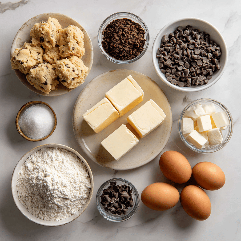 Ingredients for Air Fryer Chocolate Chip Cookie Cheesecake including Nestle dough, cream cheese, eggs, and chocolate chips