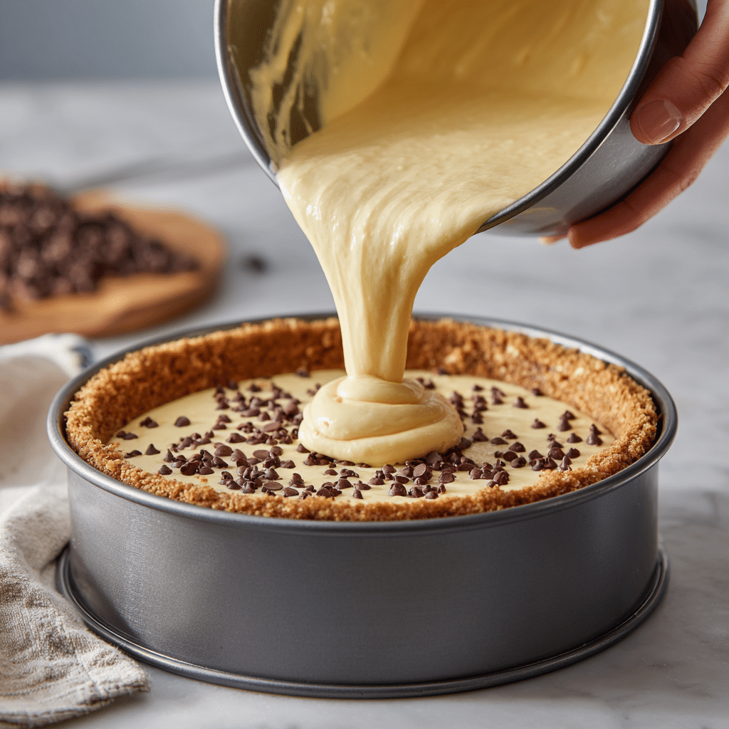 Pouring cheesecake batter over a cookie crust for an air fryer chocolate chip cookie cheesecake