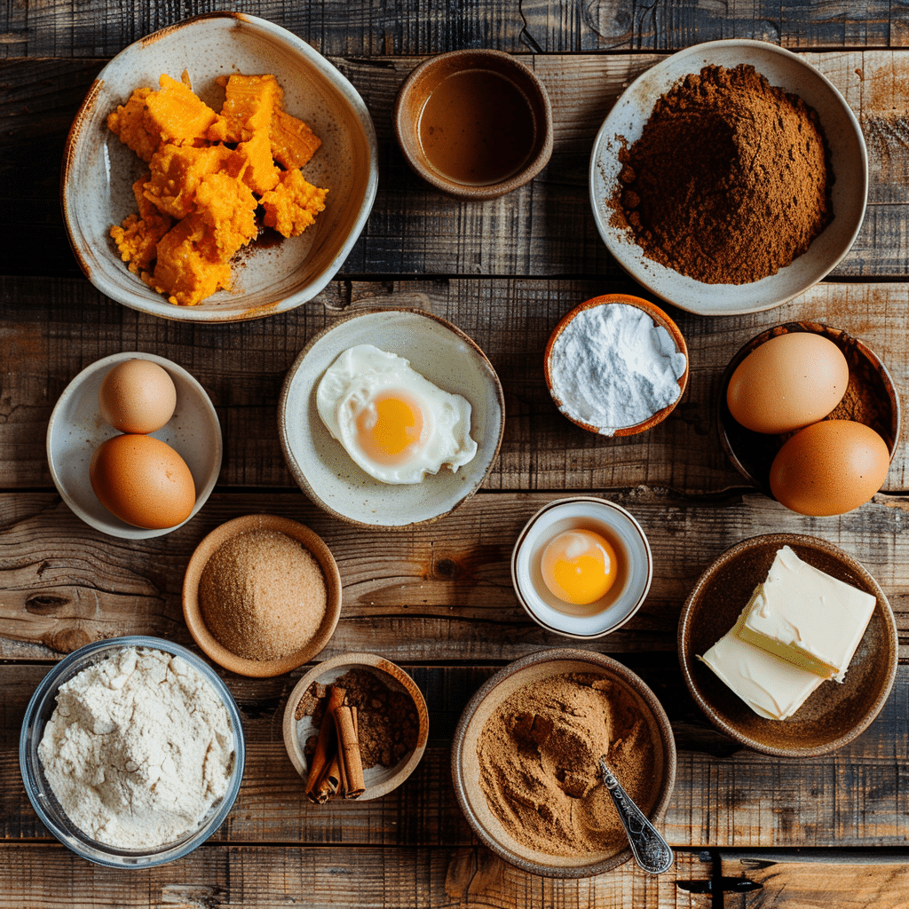 Top-down view of all ingredients neatly arranged in small glass bowls, with mini pumpkins or cinnamon sticks for fall vibes.