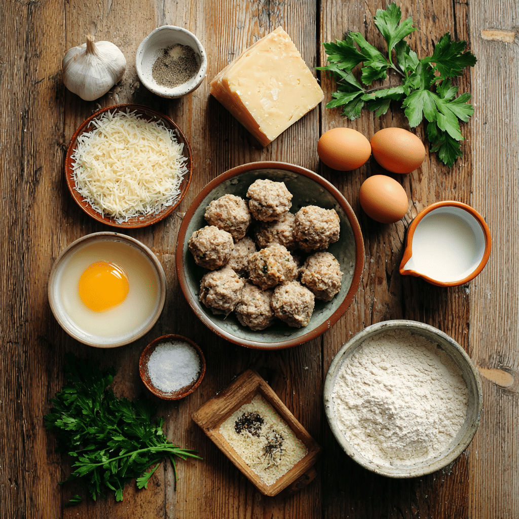 Air Fryer Meatballs: 7-Minute Irresistible Recipe 6 “Ingredients for Air Fryer Meatballs including ground turkey, breadcrumbs, parmesan, garlic, and herbs arranged on a wooden counter”