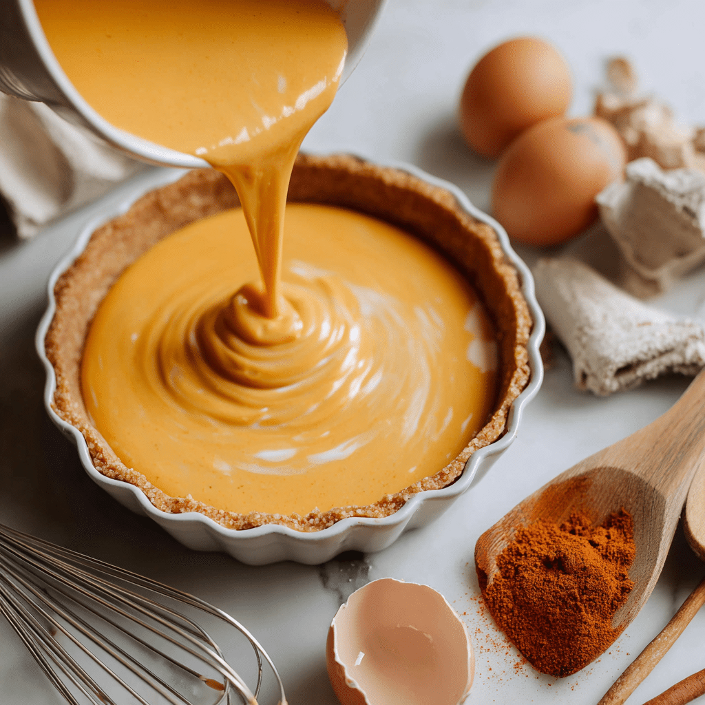 “Pouring creamy pumpkin pie filling into crust for air fryer pumpkin pie.”
