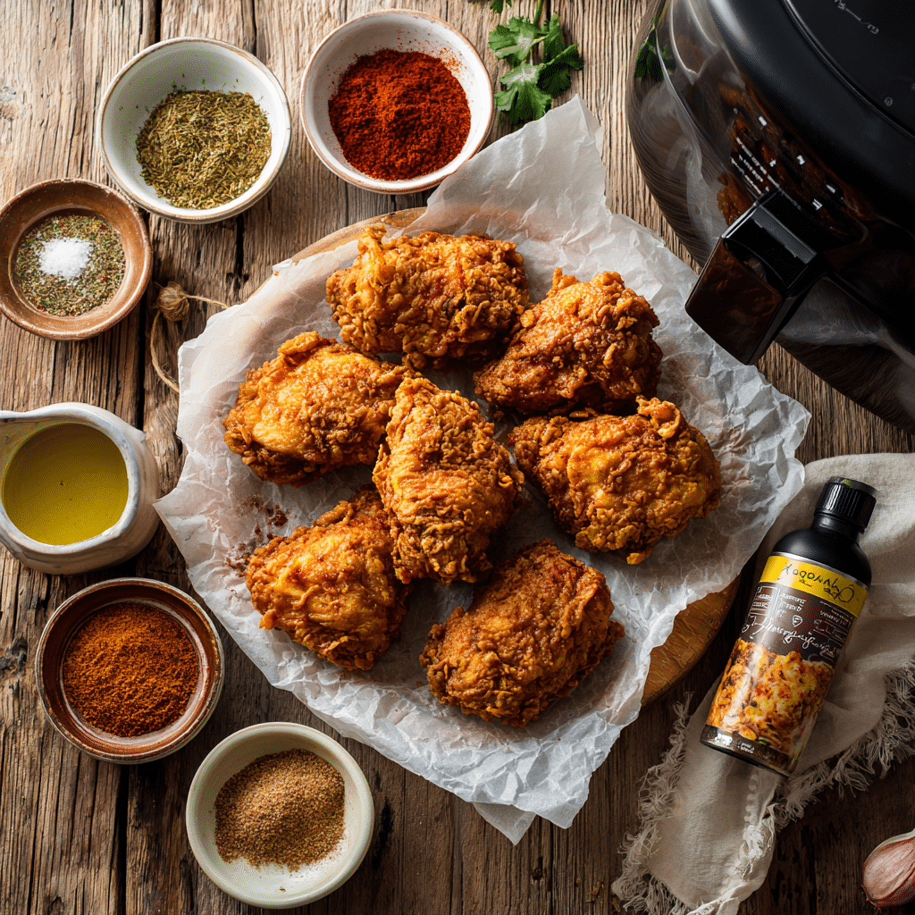 Fried chicken pieces with seasonings and cooking spray near an air fryer