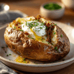 “Air fryer baked potato topped with sour cream and chives, served on a dinner plate.”