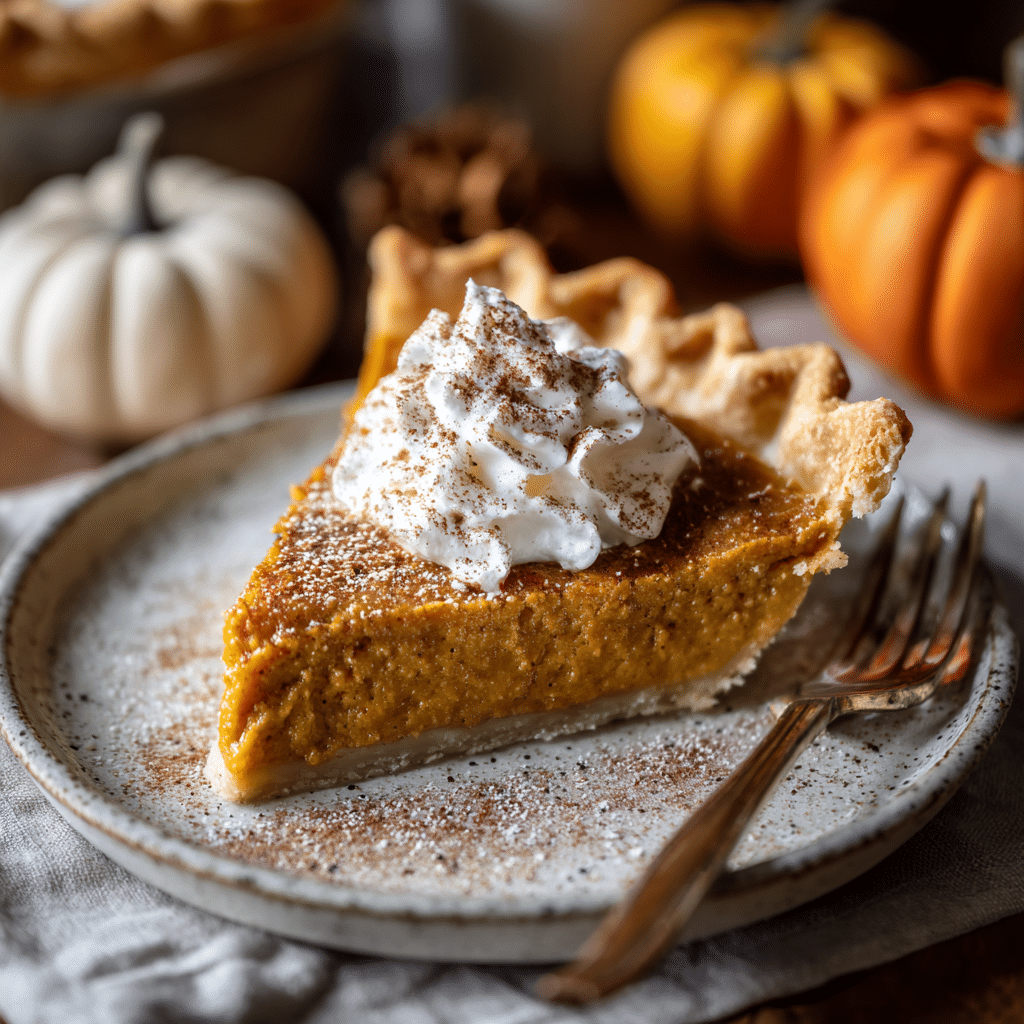 “Slice of air fryer pumpkin pie with whipped cream and golden crust on a fall-themed dessert plate.”