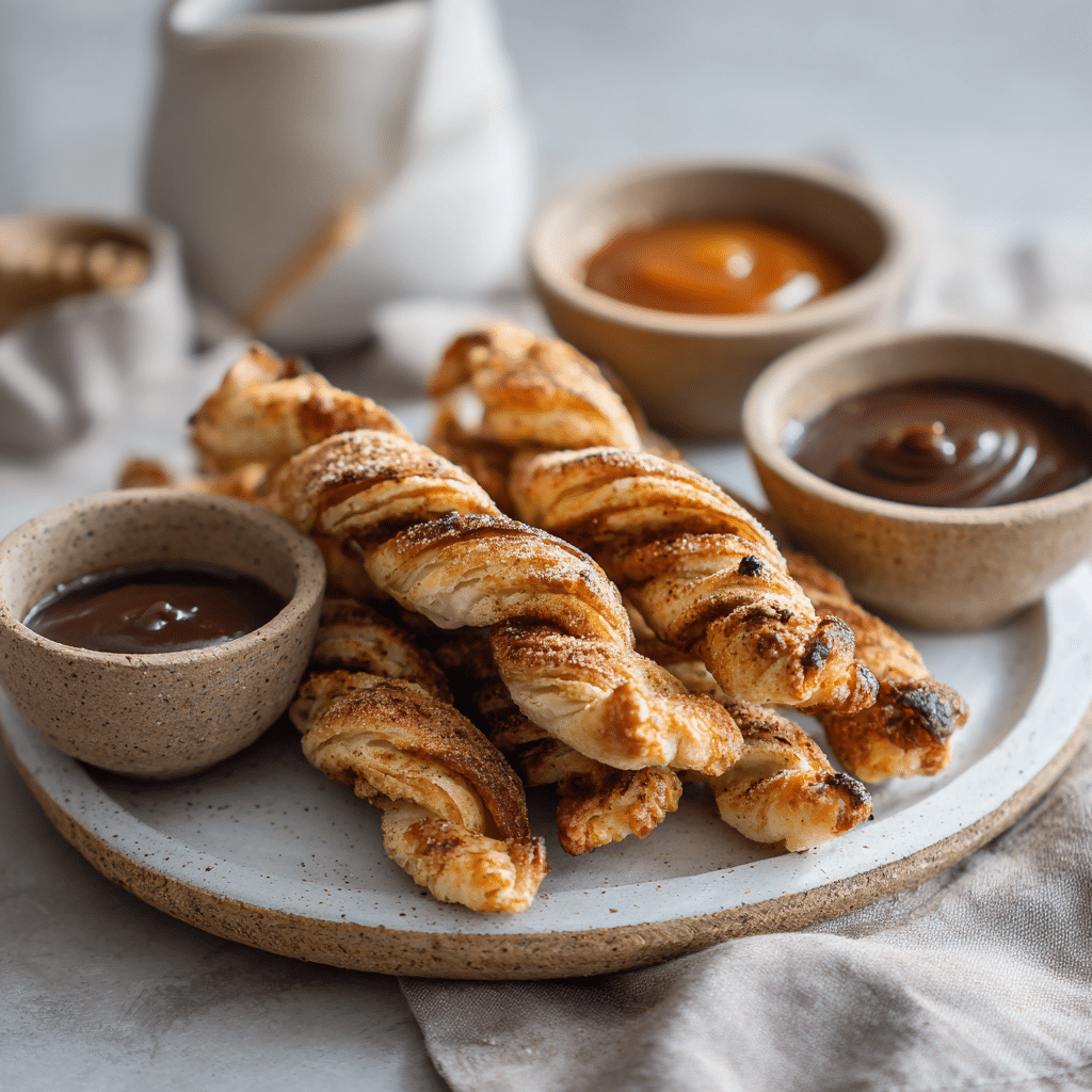 “Golden, crispy Air Fryer Cinnamon Twists served on a rustic platter with caramel and chocolate dipping sauces”