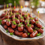 “Plated Air Fryer BBQ Little Smokies served with toothpicks and parsley garnish on a party tray.”
