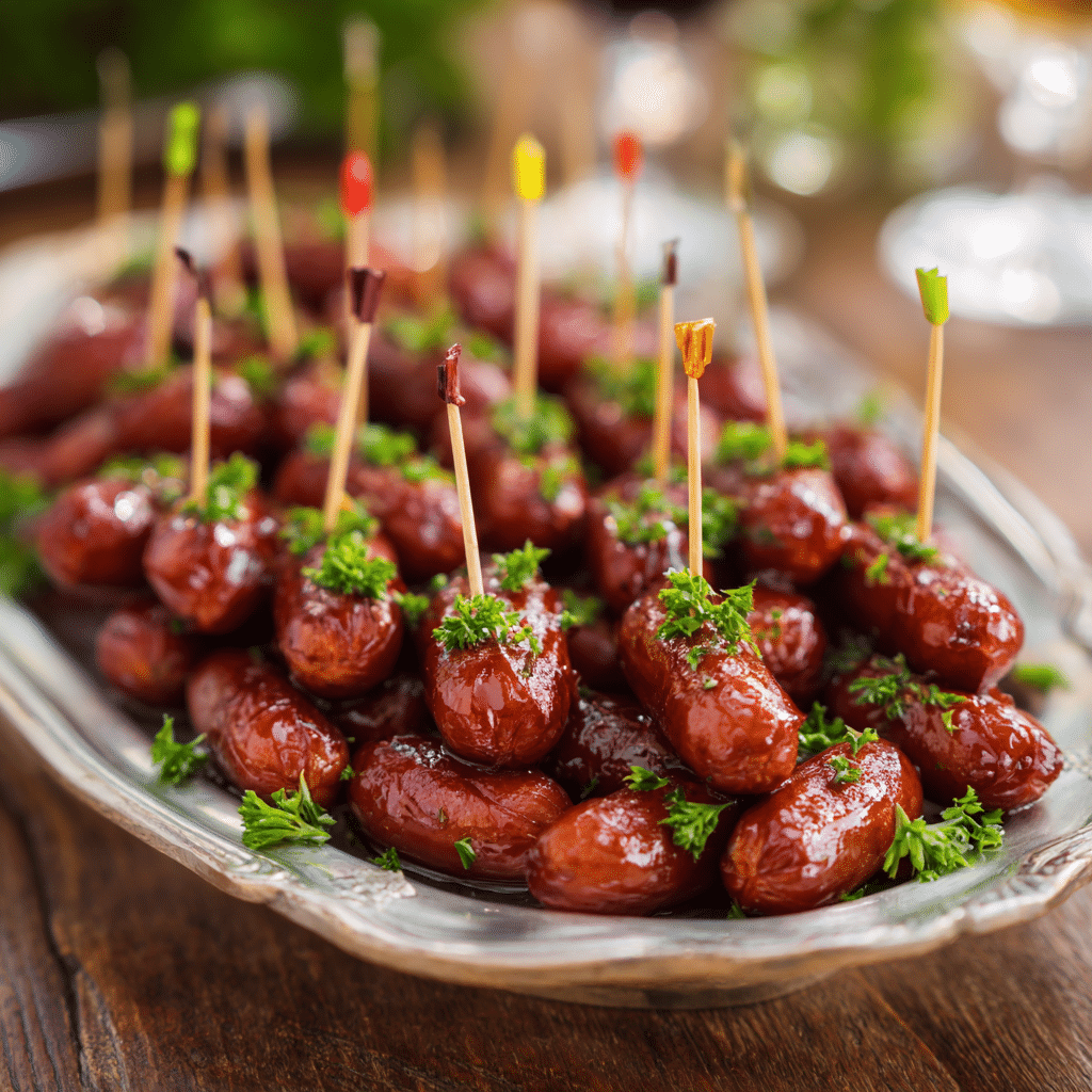 “Plated Air Fryer BBQ Little Smokies served with toothpicks and parsley garnish on a party tray.”