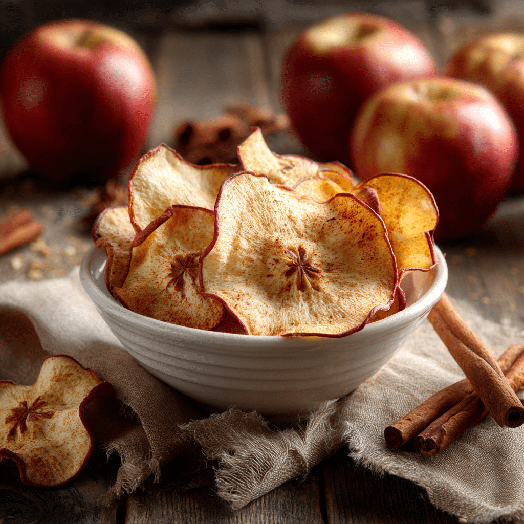 “Finished air fryer apple chips in a bowl, styled on a fall-themed table with fresh apples and cinnamon sticks”