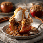 Warm air fryer baked apple served with vanilla ice cream and caramel drizzle on a rustic plate.