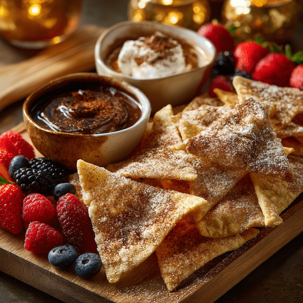“Plated Air Fryer Cinnamon Sugar Tortilla Chips served with sweet dips and fresh fruit on a rustic board.”