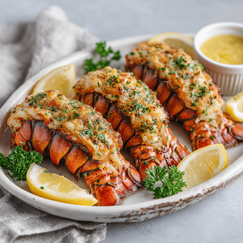 Finished air fryer lobster tails served with garlic butter, lemon wedges, and parsley on a white plate.