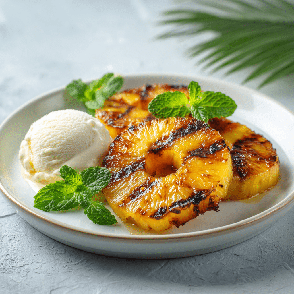 “Caramelized air fryer grilled pineapple served with mint and vanilla ice cream on a white plate.”