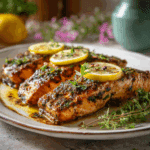 Finished Air Fryer Honey Mustard Salmon with lemon and parsley on a rustic plate.