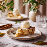 Slice of Air Fryer Apple Tart served with vanilla ice cream and cinnamon sticks