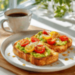 Perfectly golden Air Fryer Toast served with avocado and butter toppings beside a cup of coffee on a bright kitchen table.
