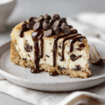 A slice of Air Fryer Chocolate Chip Cookie Cheesecake with cookie crust, creamy cheesecake layer, and chocolate drizzle on a white plate