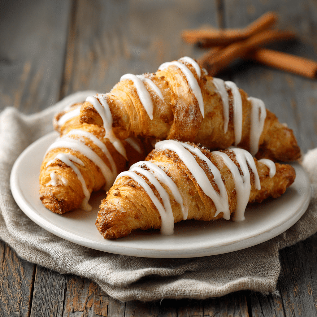 Golden brown air fryer cinnamon crescent rolls on a white serving platter, drizzled with icing and garnished with cinnamon sticks.