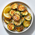 Crispy air fryer zucchini slices served with lemon and Parmesan