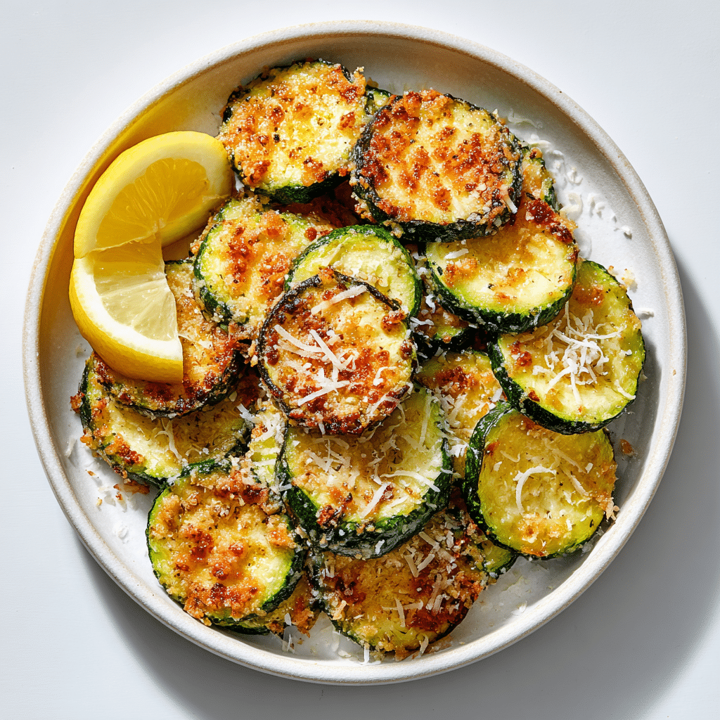 Crispy air fryer zucchini slices served with lemon and Parmesan