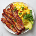 “Crispy Air Fryer Turkey Bacon served with eggs and avocado on a white plate”