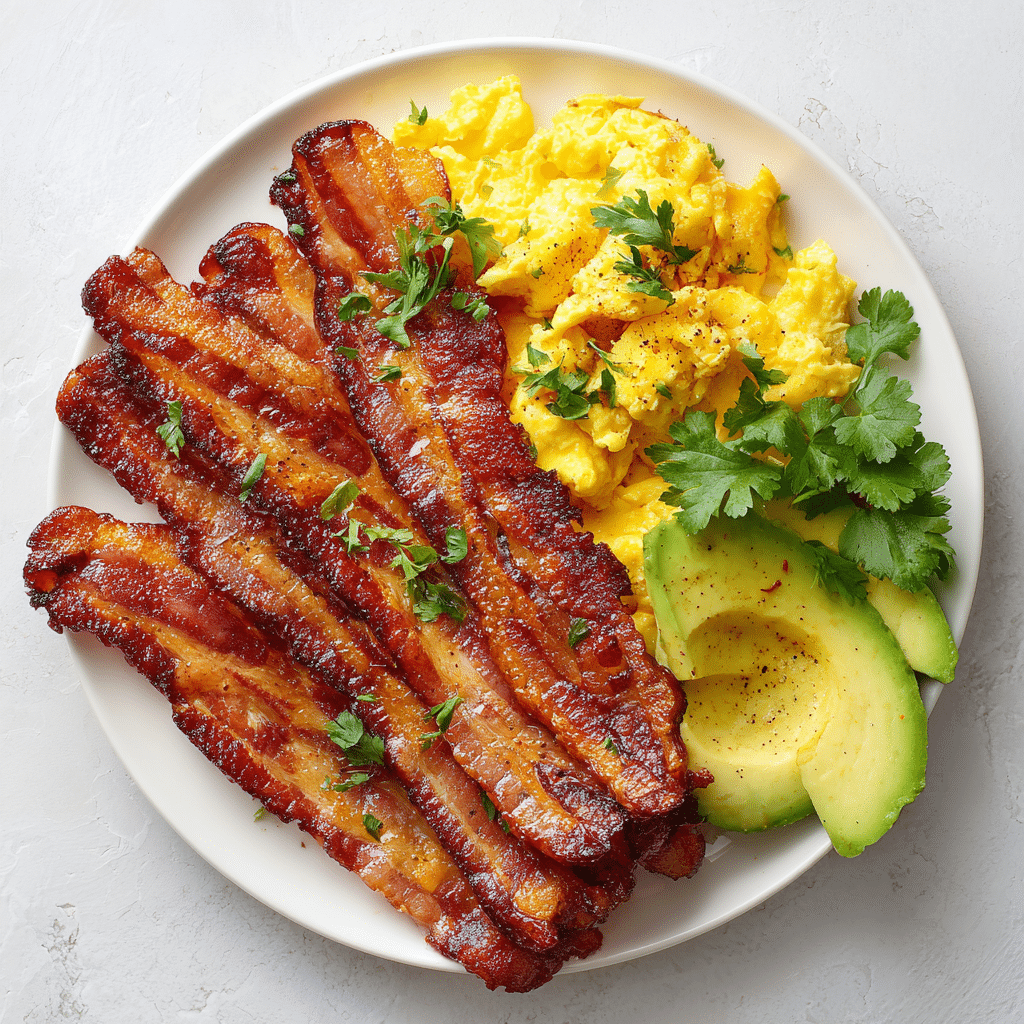 “Crispy Air Fryer Turkey Bacon served with eggs and avocado on a white plate”