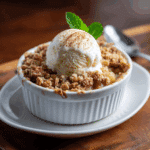 Air Fryer Apple Crisp served warm in a white ramekin with melting vanilla ice cream and golden cinnamon oat topping.