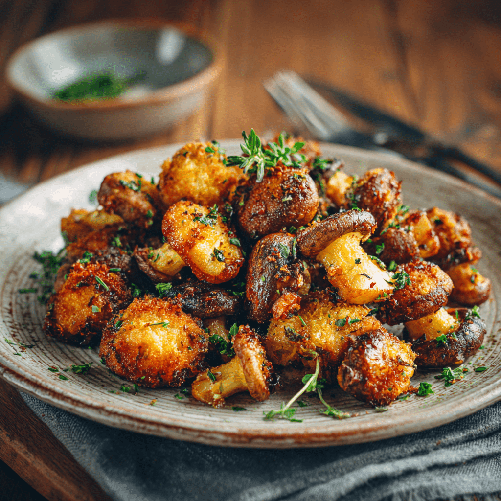 “Crispy golden Air Fryer Mushrooms served on a rustic plate and garnished with fresh herbs.”