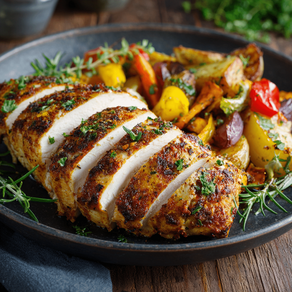 Sliced Air Fryer Chicken Breast served with vegetables on rustic plate”