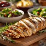 "Sliced Air Fryer Turkey Breast served on a platter with holiday side dishes."