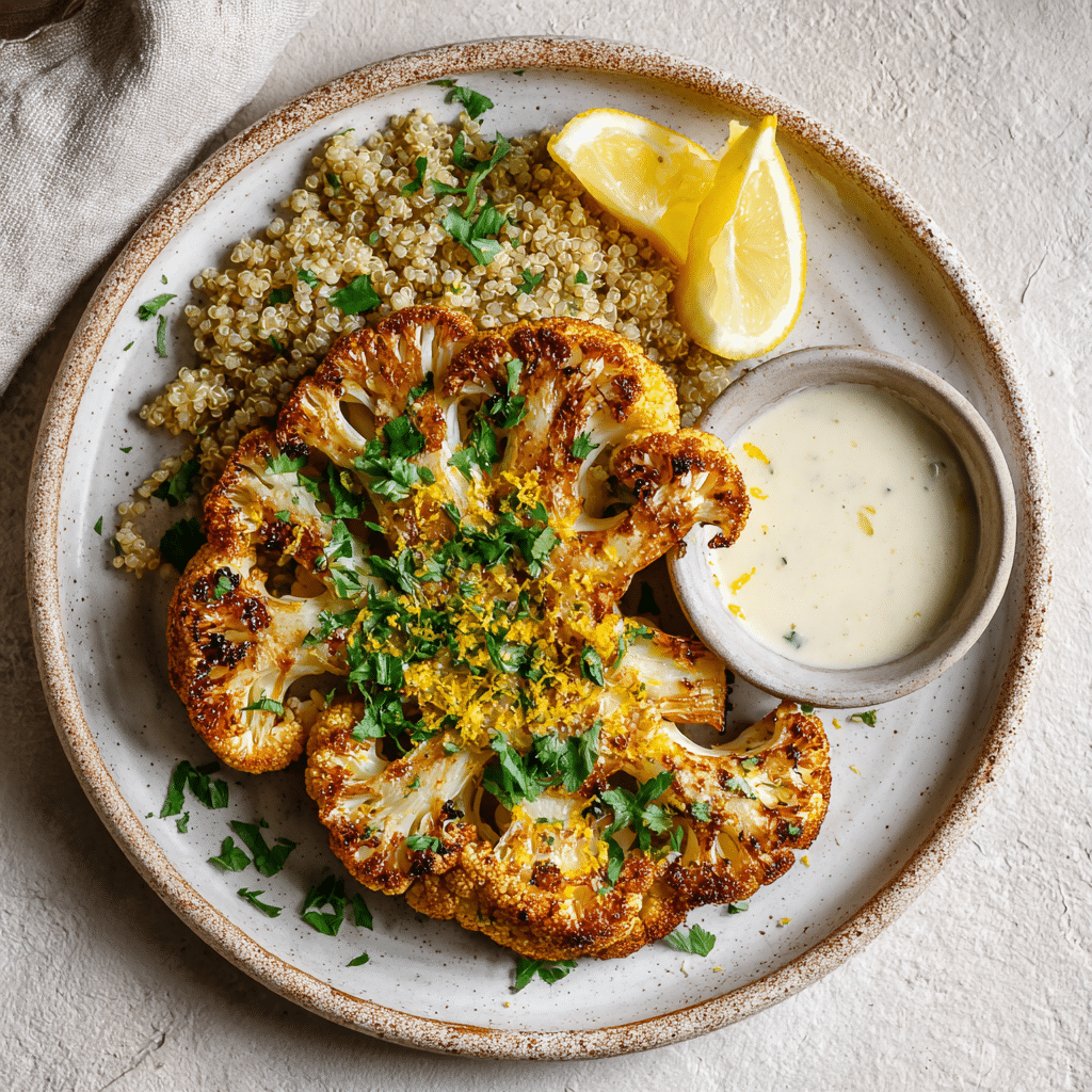 “Plated Air Fryer Cauliflower Steak with crispy edges, fresh herbs, and side of quinoa on a rustic ceramic dish.”