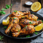 “Crispy air fryer chicken drumsticks recipe served with herbs and lemon on a rustic wooden table”