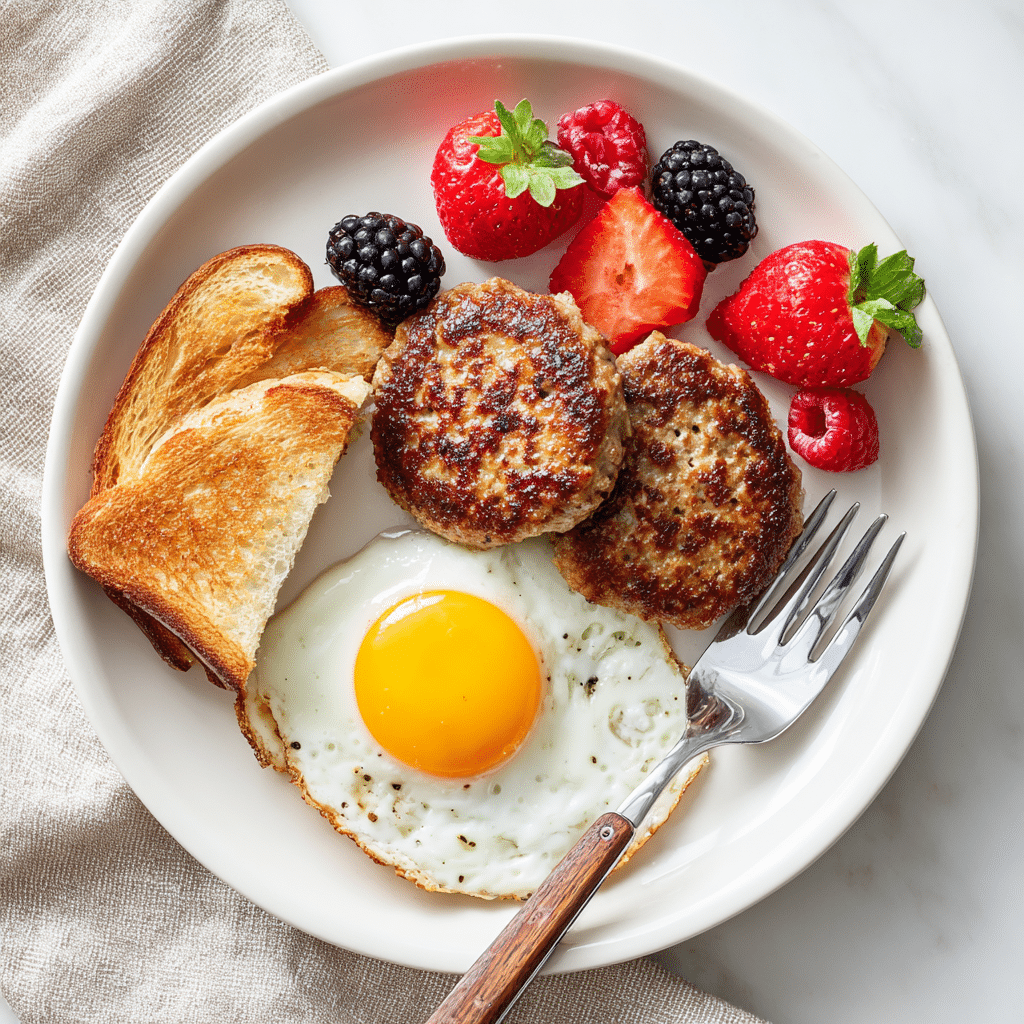 Cooked Air Fryer Turkey Sausage Patties served on a breakfast plate with eggs and toast