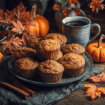 “Golden Air Fryer 2 Ingredient Pumpkin Muffins served on a rustic plate with fall decor and hot coffee”