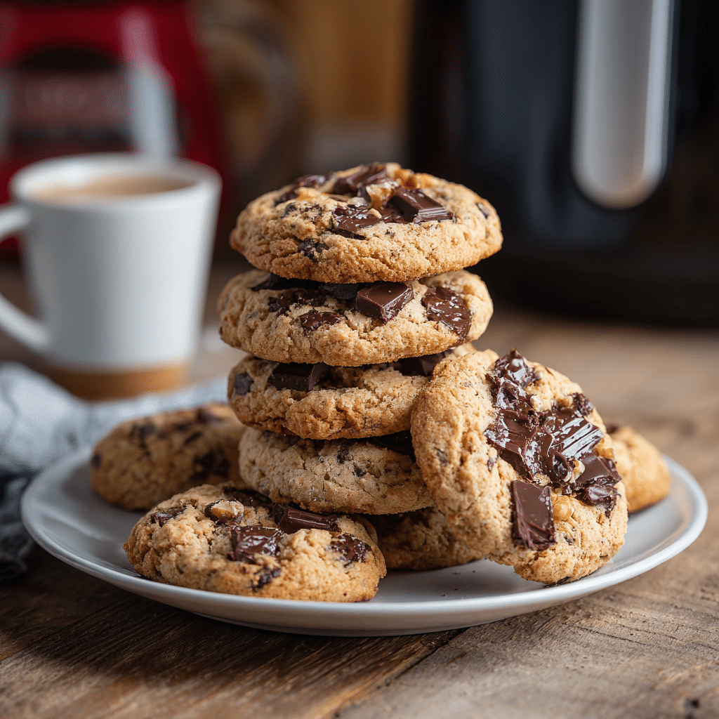 “Stack of warm Air Fryer DoubleTree Signature Cookies on a white plate with melted chocolate chips and chopped walnuts visible”