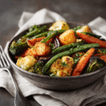"Crispy air fryer frozen vegetables served in a rustic bowl with herbs and soft lighting."