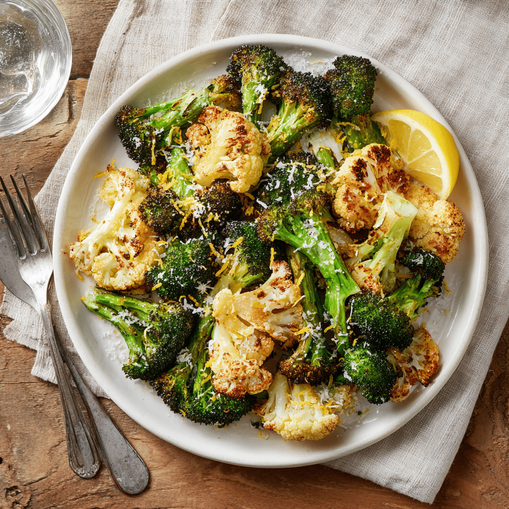 Crispy Air Fryer Broccoli and Cauliflower served on a white plate with lemon zest and parmesan cheese.