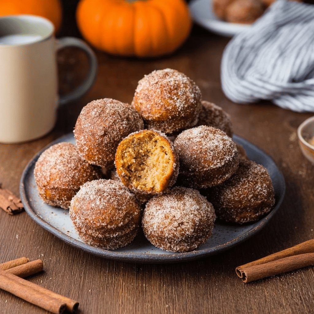 Final plated Air Fryer Pumpkin Spice Donut Holes with cinnamon sugar coating and a pumpkin latte beside it.