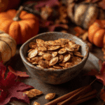 "Perfectly roasted air fryer pumpkin seeds in a bowl with fall decorations"