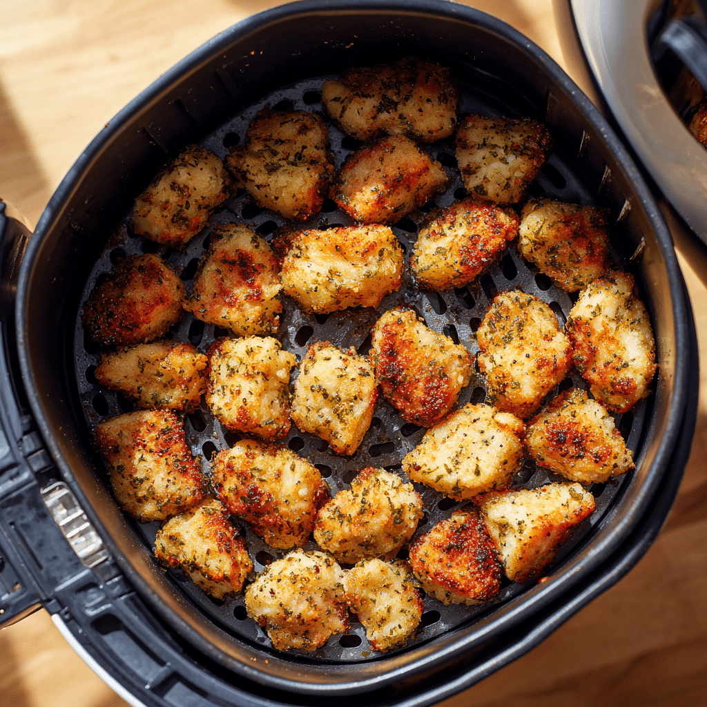 “Chicken bites cooking in an air fryer basket at 400°F”