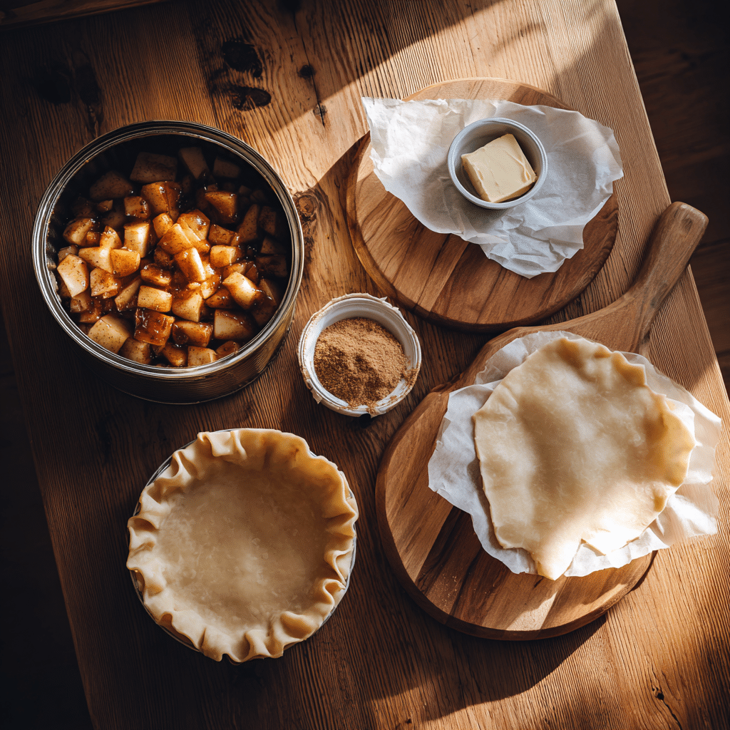 Air Fryer Apple Pie: 25-Minute Delight for Sweet Cravings 6 “Ingredients for Air Fryer Apple Pie – pie crusts, canned apple filling, cinnamon, sugar, and butter on rustic wooden counter”