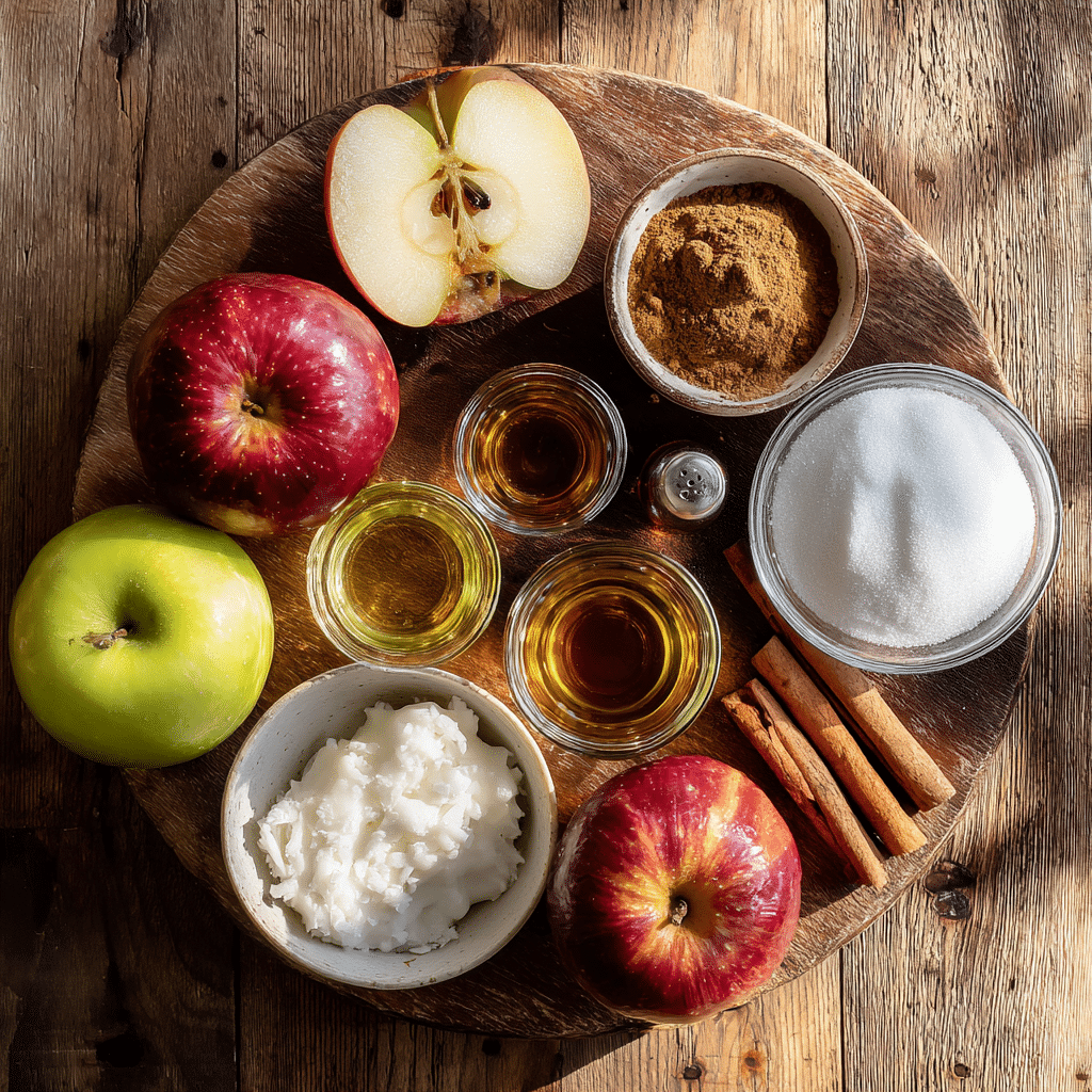 Ingredients for Air Fryer Apples: apples, cinnamon, vanilla, sugar, and coconut oil.