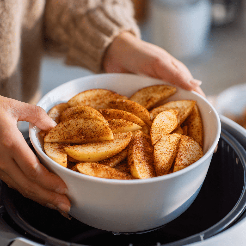 “Apple slices coated with cinnamon being placed into air fryer dish