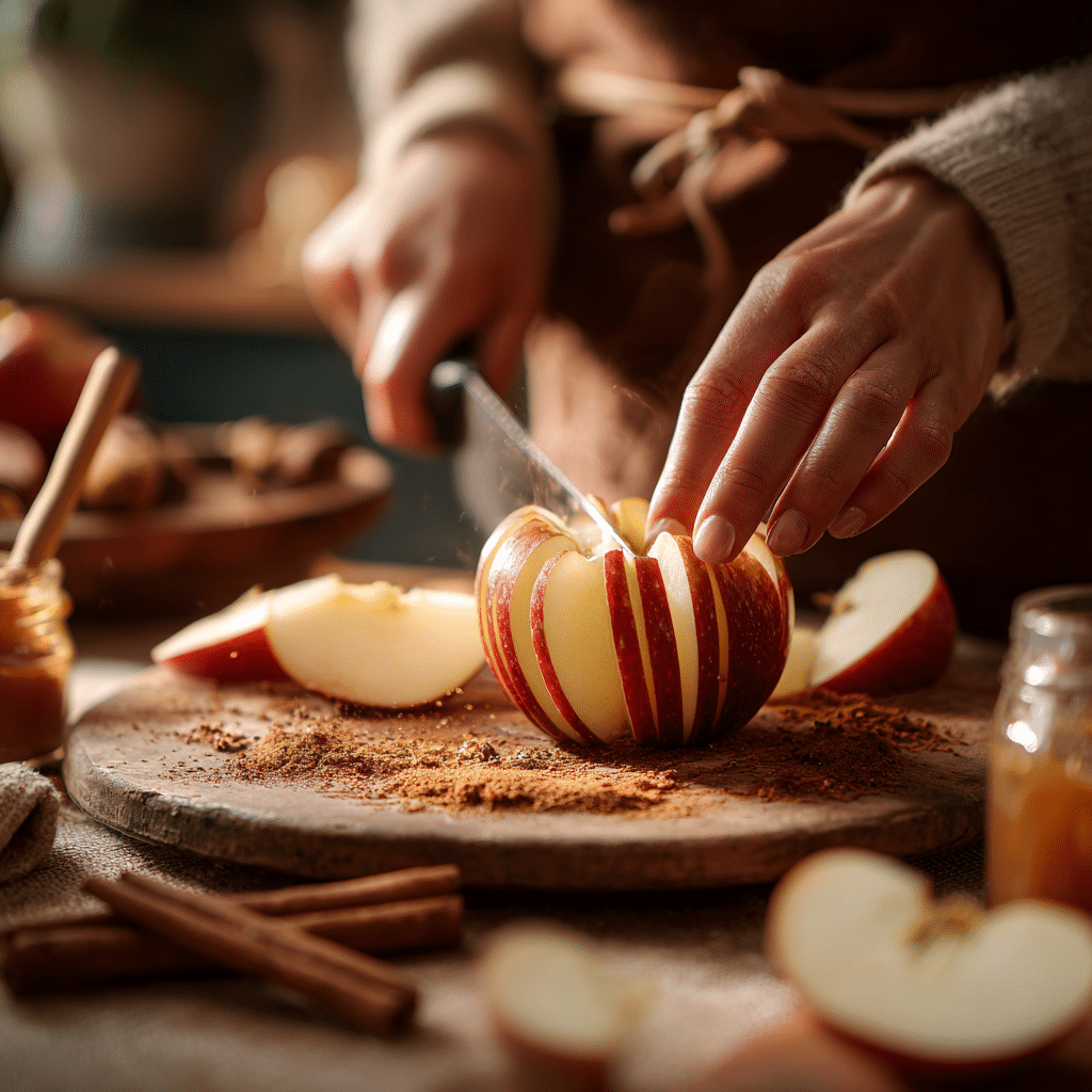Blooming an apple for air frying, showing hands cutting and preparing for the Air Fryer Bloomin Apples recipe