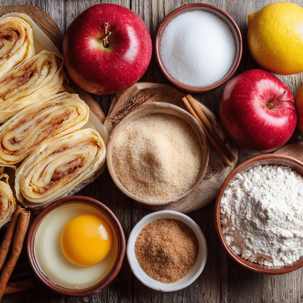 “Ingredients for Air Fryer Puff Pastry Apple Rings laid out on a wooden surface”