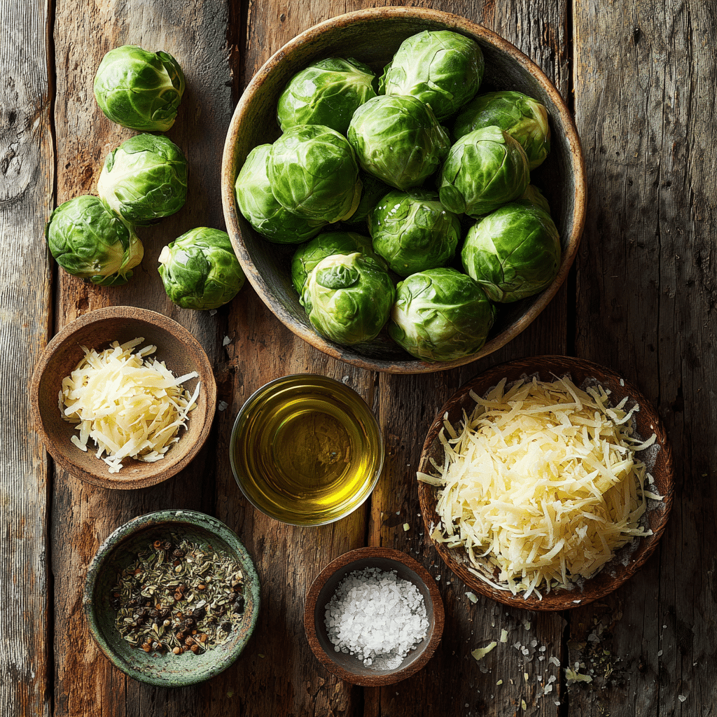Air Fryer Parmesan Brussels Sprouts: A Crispy & Easy 12-Minute Side 6 Fresh ingredients for Air Fryer Parmesan Brussels Sprouts, including halved Brussels sprouts, parmesan cheese, garlic, olive oil, salt, and pepper on a rustic board.