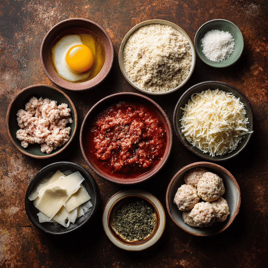 “Ingredients for Air Fryer Chicken Parmesan Meatballs: ground chicken, cheese, marinara sauce, breadcrumbs, egg, and herbs arranged on a counter”