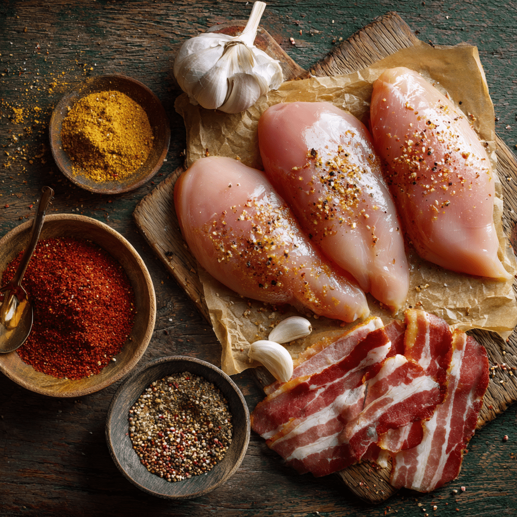 Ingredients for Air Fryer Beef Bacon Wrapped Chicken laid out on a wooden counter.