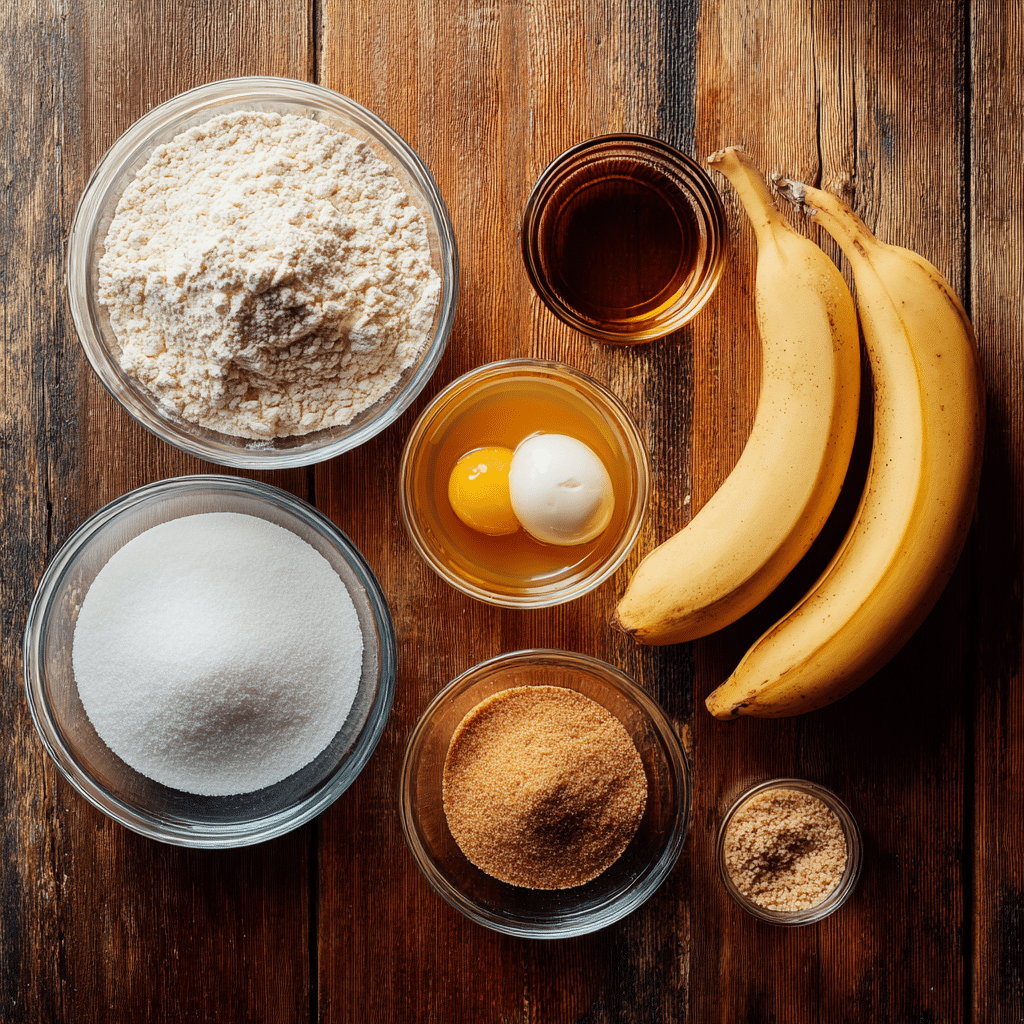 Ingredients for Air Fryer Banana Muffins including bananas, flour, butter, and sugar arranged in bowls on a wooden surface