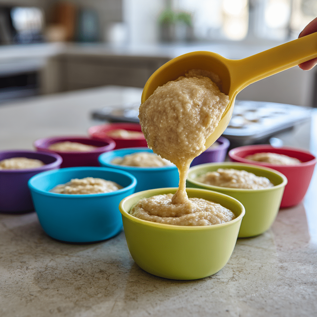 Scooping banana muffin batter into silicone molds before placing in air fryer