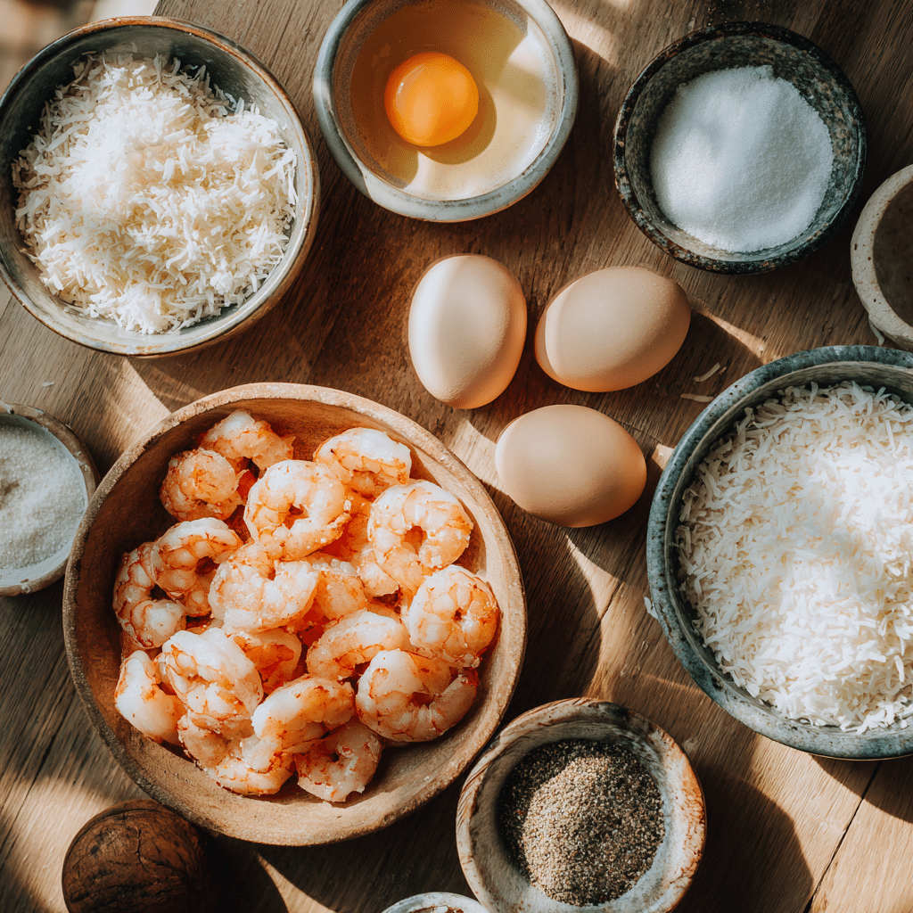 “Ingredients for 15‑Minute Air Fryer Coconut Shrimp including raw shrimp, shredded coconut, breadcrumbs, and seasonings”
